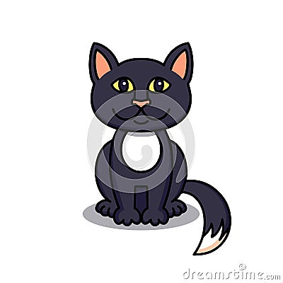 Cute black cat, cartoon linear art, animal sketch. Vector illustration of little smile beautiful kitten, flat outline Vector Illustration
