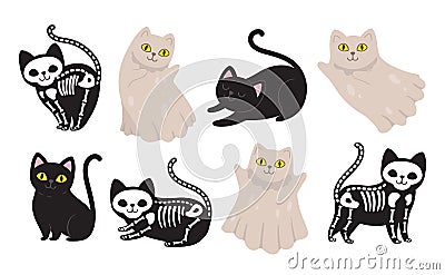 Cute black cat. Dead kitten, funny halloween ghost and skeleton in different poses. Bad luck cats vector set Vector Illustration