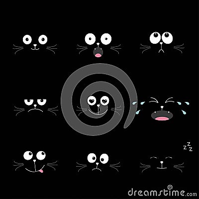 Cute black cat head set. Funny cartoon characters. Different emotions faces collection. Vector Illustration