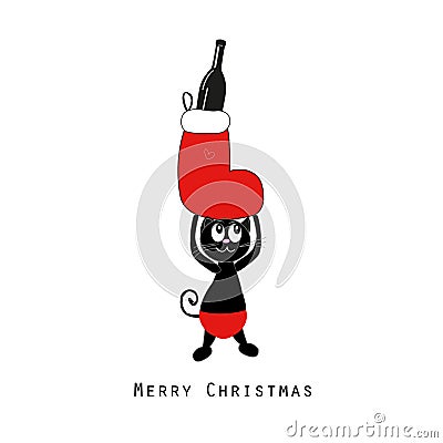 Cute black cat holding Christmas sock and champagne bottle. Happy new year and Merry Christmas Vector Illustration