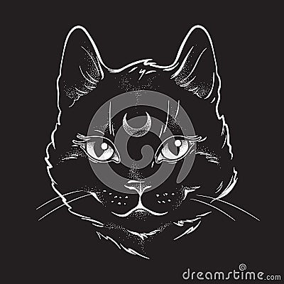Cute black cat with moon on his forehead line art and dot work. Wiccan familiar spirit, halloween or pagan witchcraft theme tapest Vector Illustration