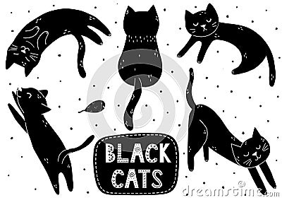 Cute black cat set. Doodle kitten in different poses collection Vector Illustration