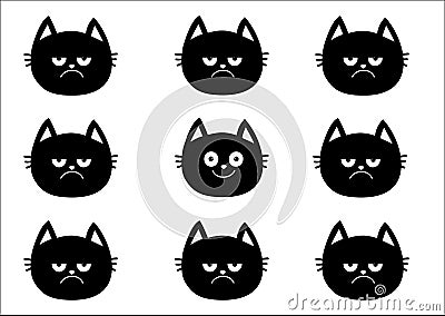 Cute black cat set. Emotion collection. Happy, smiling and sad, angry kitten head face. Optimist pessimist. Funny cartoon characte Vector Illustration