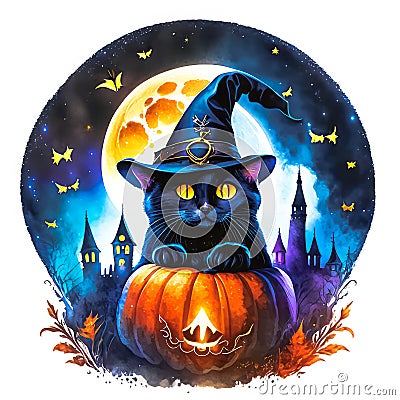 Cute black cat sitting on pumkin haloween theme background Stock Photo