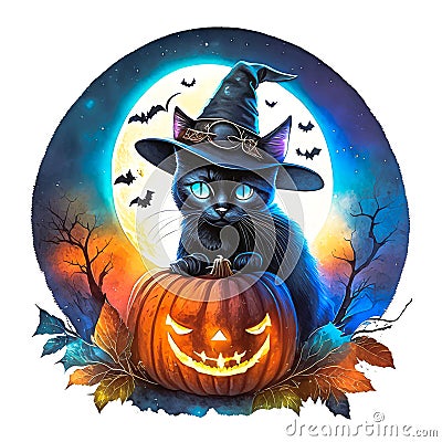 Cute black cat sitting on pumkin haloween theme background Stock Photo