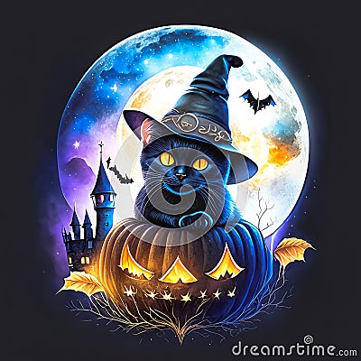 Cute black cat sitting on pumkin haloween theme background Stock Photo