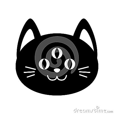 Cute black cat with three eyes. Flat design for poster or t-shirt. Vector illustration Vector Illustration