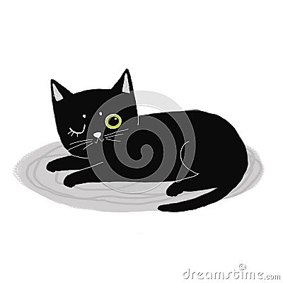 Black cat winks sleeping on the carpet Cartoon Illustration