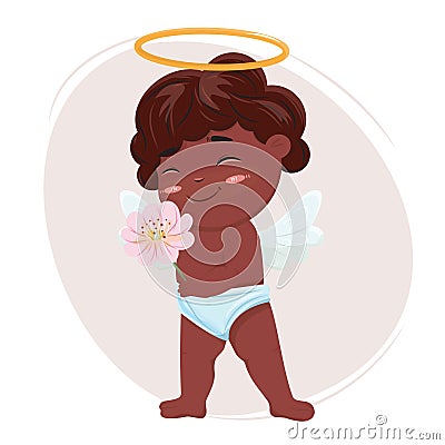 Cute black cupid in love with the flower for Happy Valentines Day. Vector Illustration