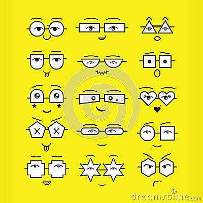 Cute black emoticons faces with geometrical eyeglasses icons set on yellow background Vector Illustration