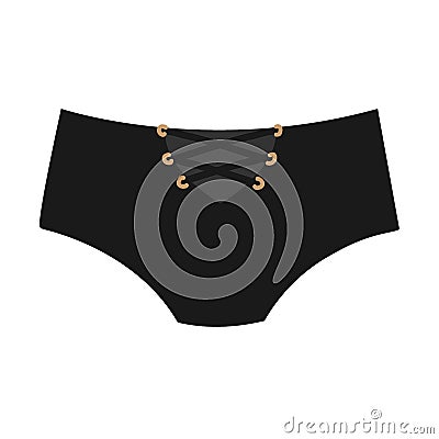 Cute black female panties with laces. Trendy thongs icon. Women underwear element. Feminine symbol, sensuality cloth Vector Illustration