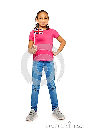 Cute black girl patriotically holding UK flag Stock Photo