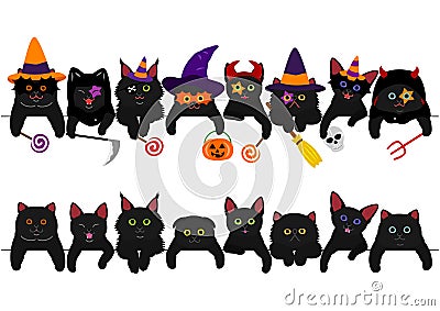 Cute black kitties border set Vector Illustration