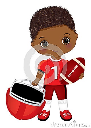 Cute Black Little Boy Playing American Football Vector Illustration