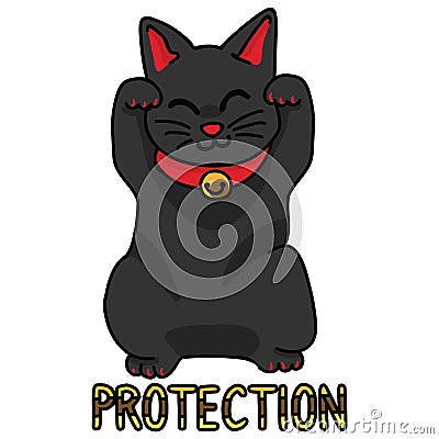 Cute black lucky cat vector. Hand drawn maneki neko Asian cultural clipart. Vector Illustration