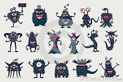 Cute black monster set, isolated on a white background, cartoon monsters Vector Illustration