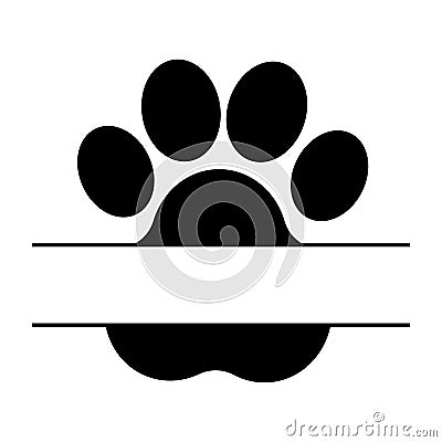 Cute black paw mark frame, monogram in cartoon style isolated on white background. Dog lover, care concept, stamp, icon Vector Illustration