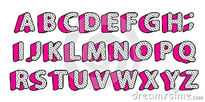 Cute black polka dots 3D english alphabet letters set. Vector LOL girly doll surprise style. Vector Illustration