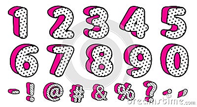 Cute black polka dots 3D set of numbers and signs. Vector LOL girly doll surprise style. Vector Illustration