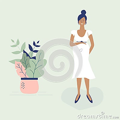 Cute black pregnant girl in white dress.Flat Funky Figures style.Decorated beautiful leaves,polka dots and heart.Vector Vector Illustration