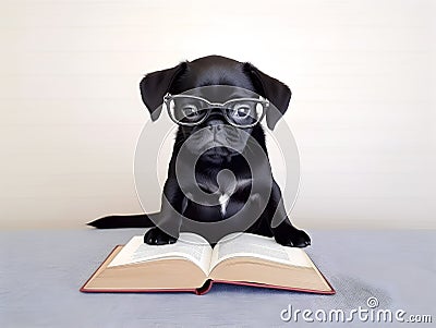 Cute black PUG puppy with book about bedtime stories Stock Photo