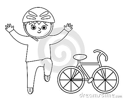 Cute black and white boy in helmet jumping with joy with hands up. Happy kid with bicycle. Vector summer camp outline illustration Vector Illustration