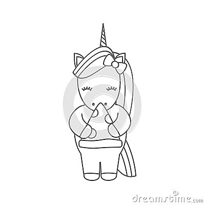 Cute black and white cartoon vector with unicorn eating pizza illustration for coloring art Vector Illustration