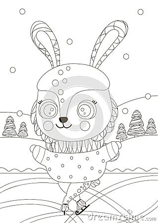 A cute black and white little rabbit is skating on ice in the forest. Winter coloring page A4. Outline illustration for toddler. I Vector Illustration