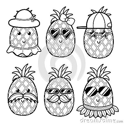 Cute black and white pineapple set. Coloring page for kids with pineapple characters Vector Illustration