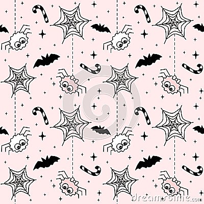 Cute black, white and pink halloween seamless vector pattern background illustration with spider, bats, cobweb, candy cane and sta Vector Illustration