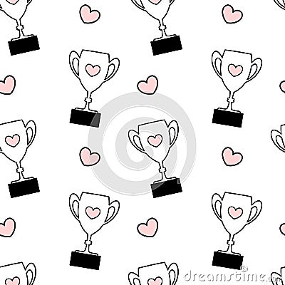 Cute black white pink seamless pattern background illustration with lovely cartoon trophy with hearts Vector Illustration