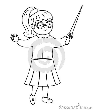 Cute black and white teacher with chalk board pointer. Outline back to school vector smiling professor. Educational character Vector Illustration