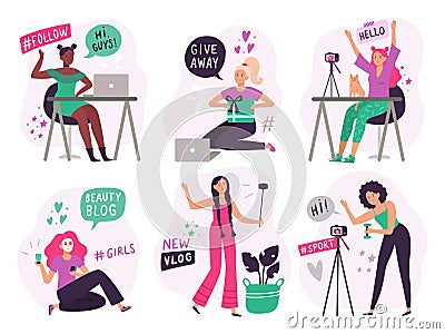 Cute blogger girls. Beauty bloggers create and post video content, smiling vlogger girl and online young woman blog flat Vector Illustration