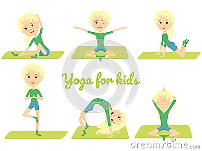 Cute blond cartoon girl demonstrates yoga poses on the mat Vector Illustration