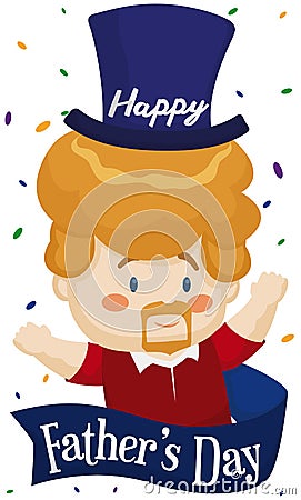 Cute Blond Dad with Hat and Ribbon Celebrating Father`s Day, Vector Illustration Vector Illustration