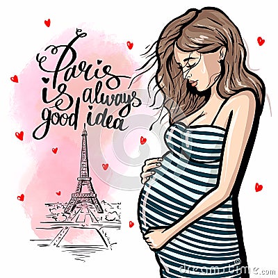 Cute blond pregnant woman in Paris Cartoon Illustration