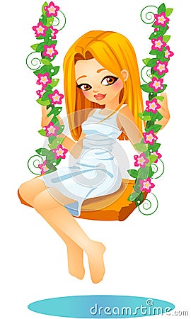 Cute blond vector cartoon girl sitting on a floreal swing Vector Illustration