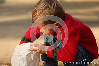 Cute blonde boy reaches into bag Stock Photo