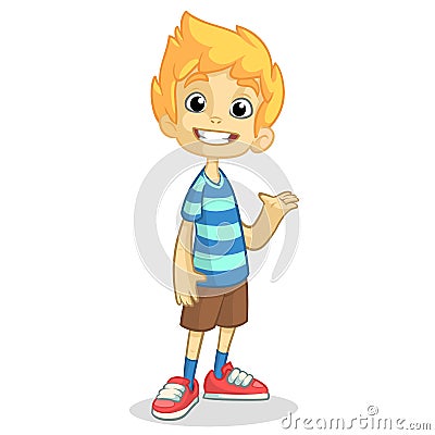 Cute blonde boy waving and smiling. Vector cartoon illustration of a teenager in a striped blue t-shirt presenting Vector Illustration