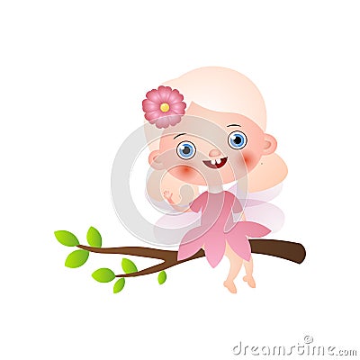 Cute blonde fairy girl in pink dress stay on tree branch Vector Illustration