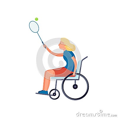 Cute blonde girl with disability in wheelchair play tennis Vector Illustration