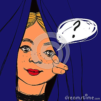 Cute blonde girl looking through the blue curtain with tet bubble. Vector curious woman illustration. Vector Illustration
