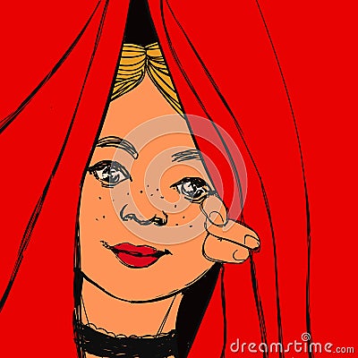 Cute blonde girl looking through the red curtain. Vector curious woman illustration. Vector Illustration