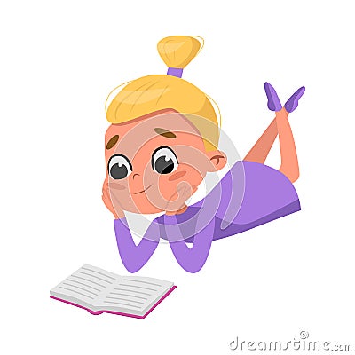 Cute Blonde Girl Reading Book while Lying on her Stomach on Floor, Preschooler Kid or Elementary School Student Enjoying Vector Illustration