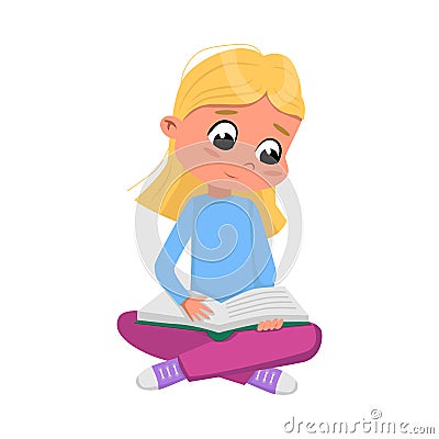 Cute Blonde Girl Sitting on Floor with Crossed Legs and Reading Book, Preschooler Kid or Elementary School Student Vector Illustration