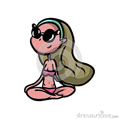 Cute blonde girl in sunglasses in pink swimwear take sunbath Vector Illustration