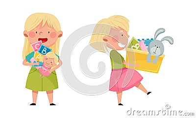 Cute blonde little girls playing toys set cartoon vector illustration Vector Illustration