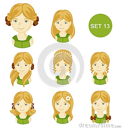 Cute blonde little girls with various hair style. Vector Illustration