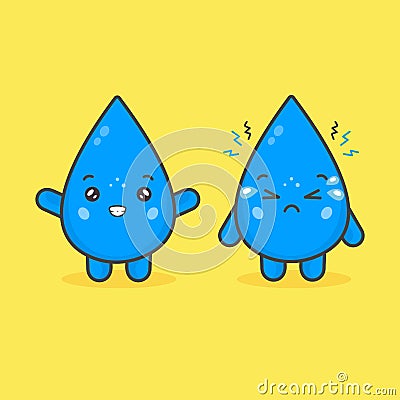 Cute Water Drop Characters Happy and Sad Expression Vector Illustration