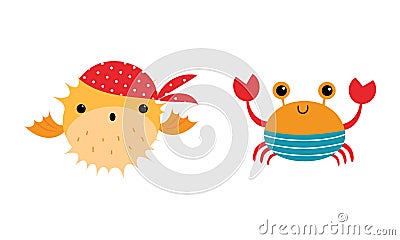 Cute Blowfish and Crab as Sea Animal in Bandana and Striped Vest Floating Underwater Vector Set Vector Illustration